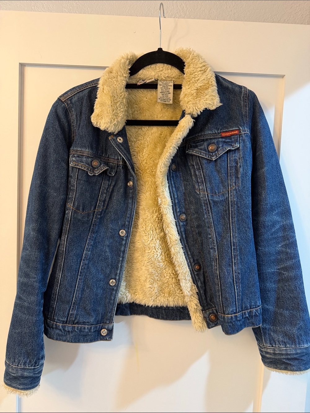 Roxy Jean Sherpa-Lined Denim Jacket in Dark Blue with Cream Sherpa